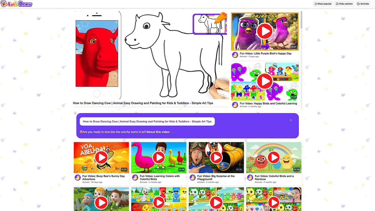 Lets Draw kids drawing video homepage