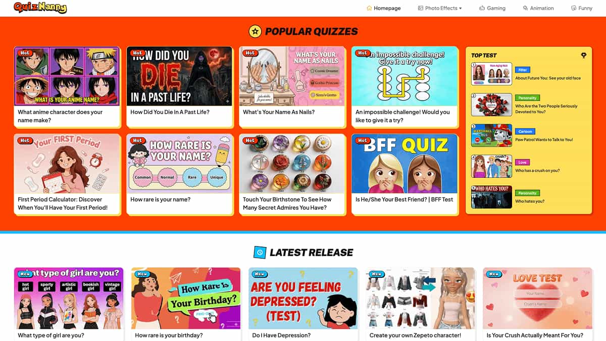 QuizNanny popular quizzes homepage
