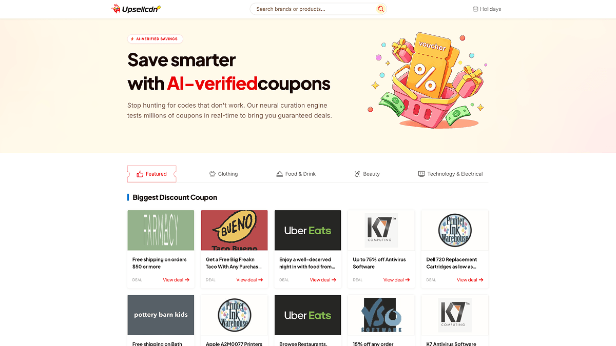 Upsellcdn AI verified coupon platform homepage